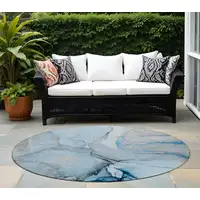 Photo of 8' Round Blue and Ivory Round Abstract Washable Non Skid Indoor Outdoor Area Rug