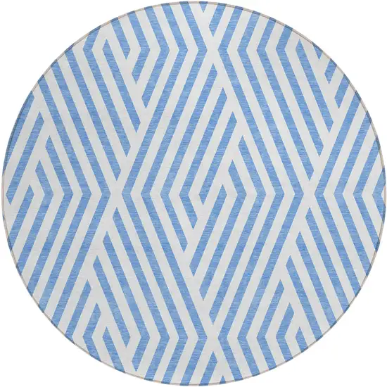 Blue and Ivory Round Geometric Washable Non Skid Indoor Outdoor Area Rug Photo 2