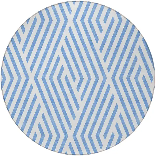 Blue and Ivory Round Geometric Washable Non Skid Indoor Outdoor Area Rug Photo 5