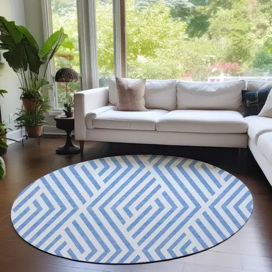 Blue and Ivory Round Geometric Washable Non Skid Indoor Outdoor Area Rug Photo 9