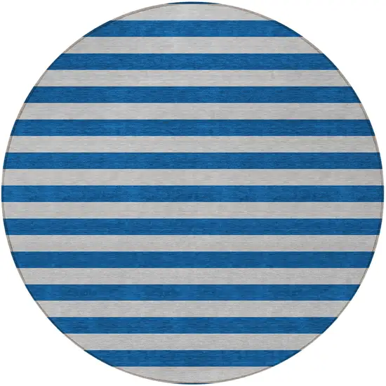 8' Round Blue and Ivory Round Striped Washable Non Skid Indoor Outdoor Area Rug Photo 4