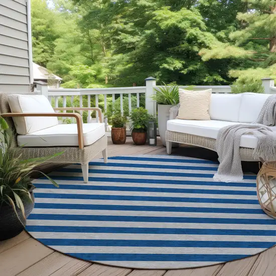 8' Round Blue and Ivory Round Striped Washable Non Skid Indoor Outdoor Area Rug Photo 8