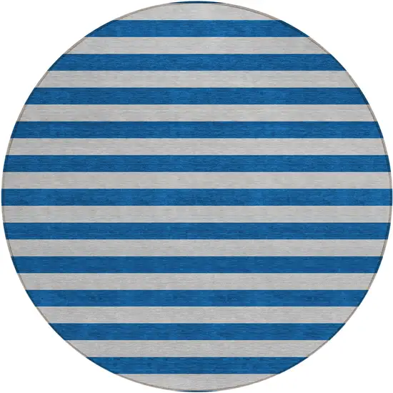 8' Round Blue and Ivory Round Striped Washable Non Skid Indoor Outdoor Area Rug Photo 2