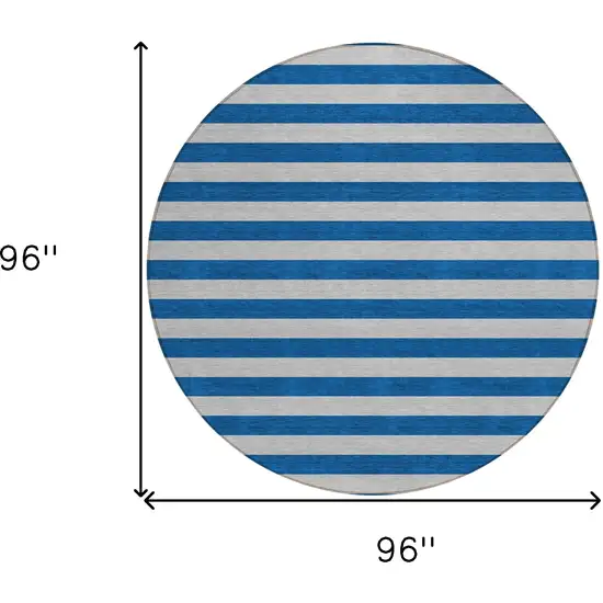 8' Round Blue and Ivory Round Striped Washable Non Skid Indoor Outdoor Area Rug Photo 3