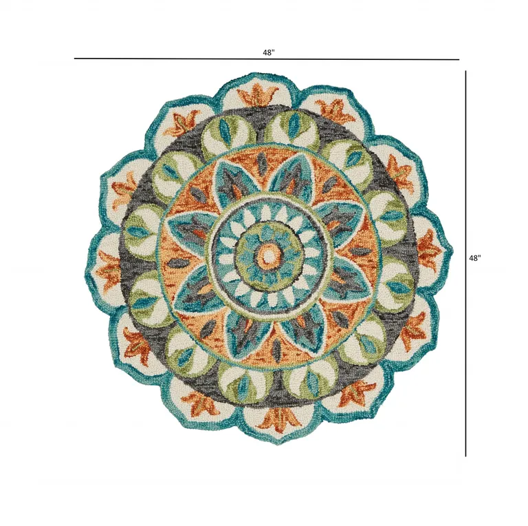 4' Round Blue and Orange Medallion Area Rug Photo 3