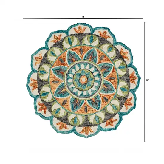 4' Round Blue and Orange Medallion Area Rug Photo 3