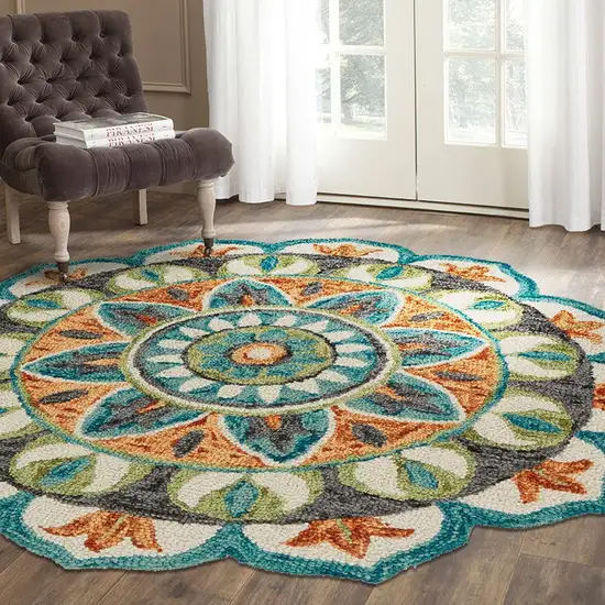 4' Round Blue and Orange Medallion Area Rug Photo 7