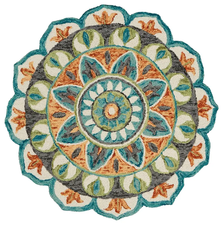 4' Round Blue and Orange Medallion Area Rug Photo 1