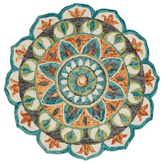 4' Round Blue and Orange Medallion Area Rug Photo 1