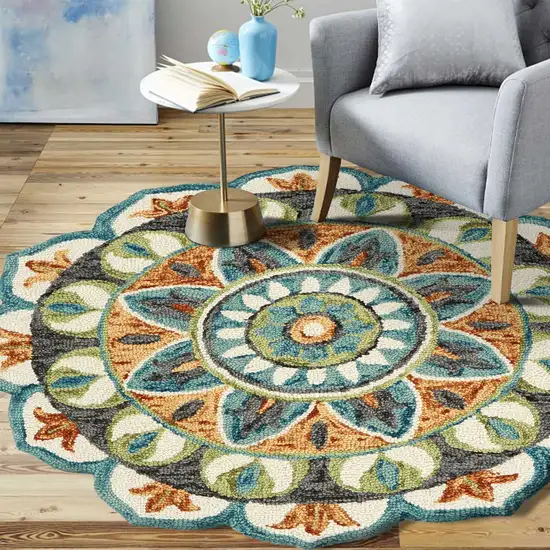 4' Round Blue and Orange Medallion Area Rug Photo 8