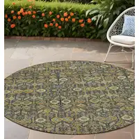 Photo of 8' Round Blue and Orange Round Floral Washable Non Skid Indoor Outdoor Area Rug