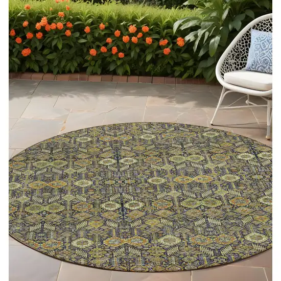 8' Round Blue and Orange Round Floral Washable Non Skid Indoor Outdoor Area Rug Photo 1