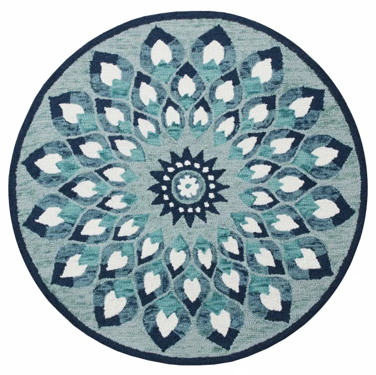 4' Round Blue and White Floral Feather Area Rug Photo 1