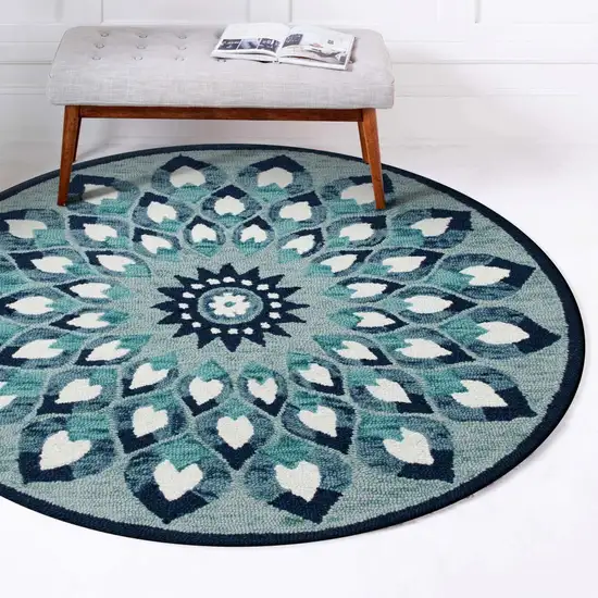 4' Round Blue and White Floral Feather Area Rug Photo 8