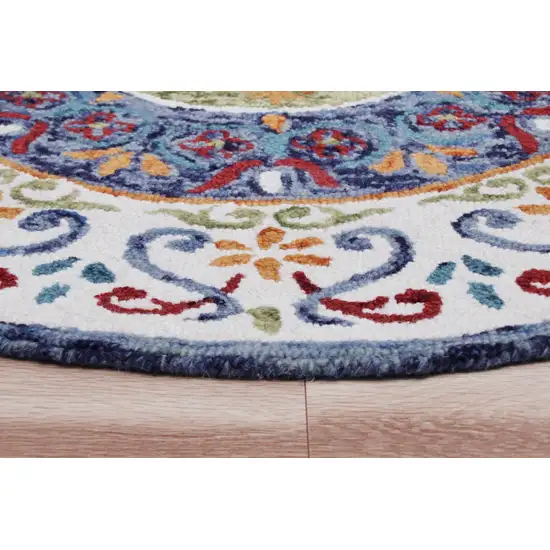 4' Round Blue and White Ornate Medallion Area Rug Photo 4