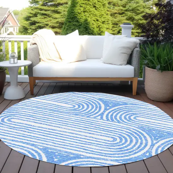 8' Round Blue and White Round Abstract Washable Non Skid Indoor Outdoor Area Rug Photo 8