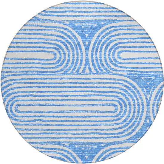 8' Round Blue and White Round Abstract Washable Non Skid Indoor Outdoor Area Rug Photo 2