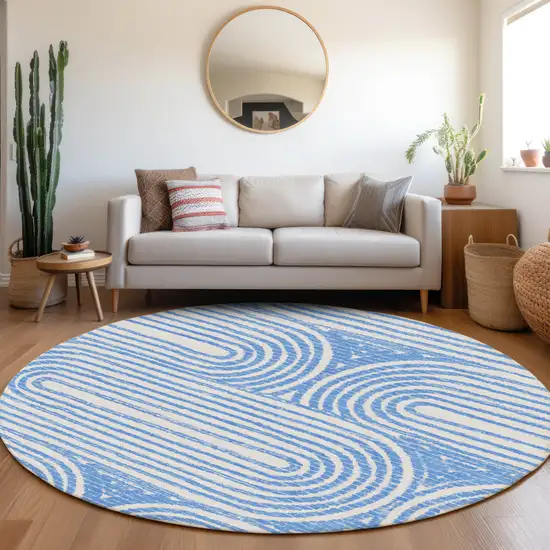 Blue and White Round Abstract Washable Non Skid Indoor Outdoor Area Rug Photo 9