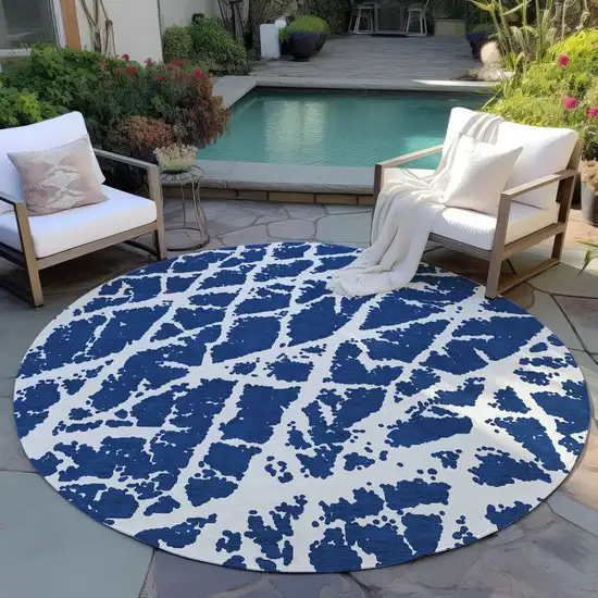 Blue and White Round Abstract Washable Non Skid Indoor Outdoor Area Rug Photo 8