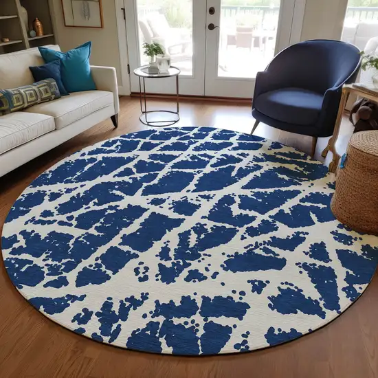 Blue and White Round Abstract Washable Non Skid Indoor Outdoor Area Rug Photo 9