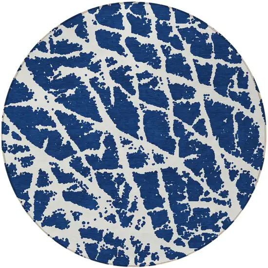 Blue and White Round Abstract Washable Non Skid Indoor Outdoor Area Rug Photo 5