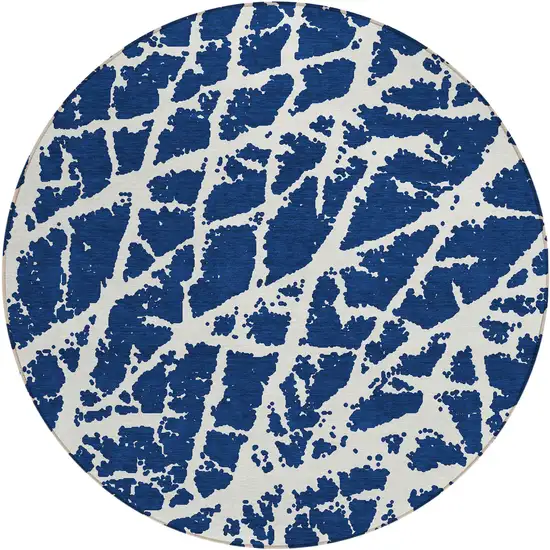 8' Round Blue and White Round Abstract Washable Non Skid Indoor Outdoor Area Rug Photo 2