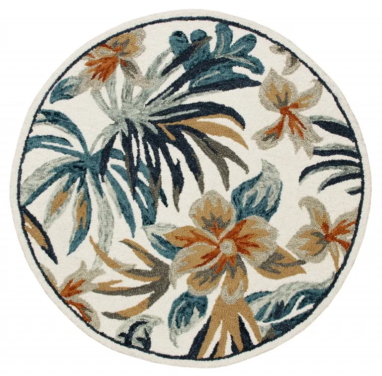 4' Round Blue and White Tropical Area Rug Photo 1