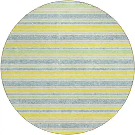 8' Round Blue and Yellow Round Striped Washable Non Skid Indoor Outdoor Area Rug Photo 2