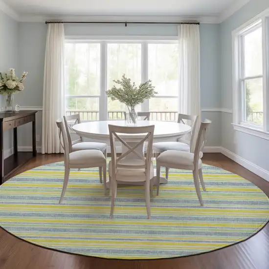 8' Round Blue and Yellow Round Striped Washable Non Skid Indoor Outdoor Area Rug Photo 9