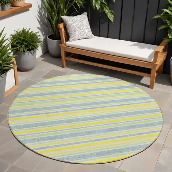 8' Round Blue and Yellow Round Striped Washable Non Skid Indoor Outdoor Area Rug Photo 1