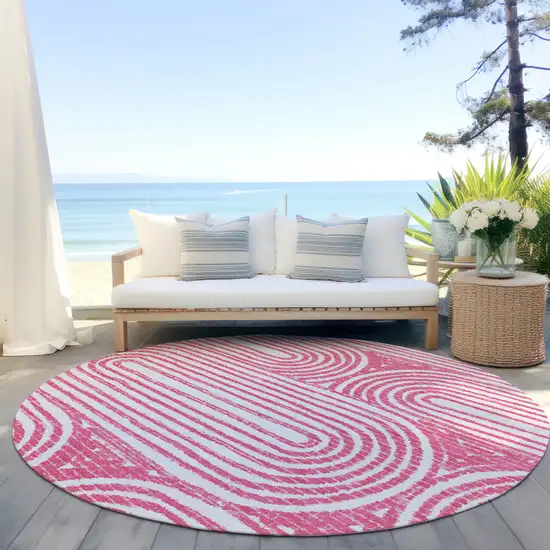 8' Round Blush Round Abstract Washable Non Skid Indoor Outdoor Area Rug Photo 9