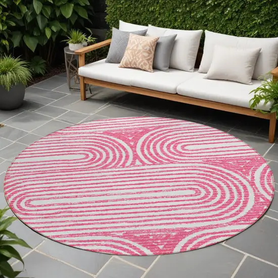 Blush Round Abstract Washable Non Skid Indoor Outdoor Area Rug Photo 1