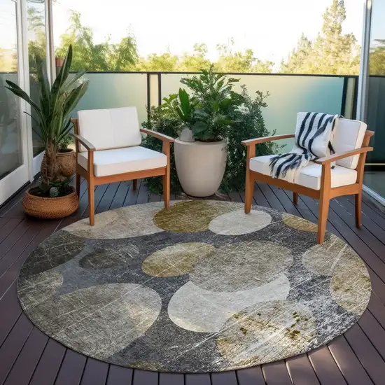 Brown Beige and Ivory Round Abstract Washable Non Skid Indoor Outdoor Area Rug Photo 6