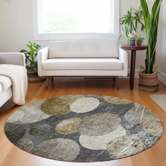 Brown Beige and Ivory Round Abstract Washable Non Skid Indoor Outdoor Area Rug Photo 7