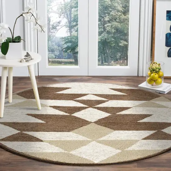 4' Round Brown Bohemian Geometric Area Rug Photo 7