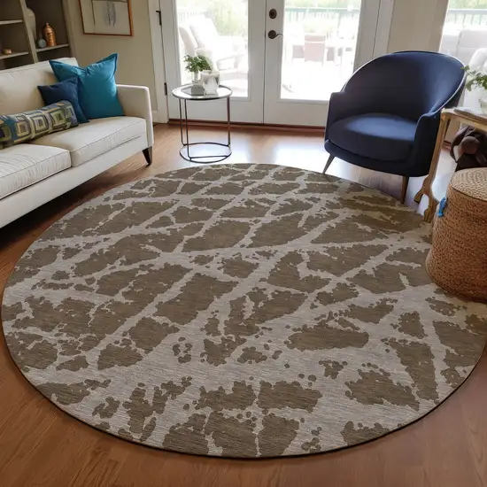 8' Round Brown Round Abstract Washable Non Skid Indoor Outdoor Area Rug Photo 9