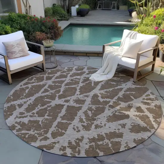 8' Round Brown Round Abstract Washable Non Skid Indoor Outdoor Area Rug Photo 8