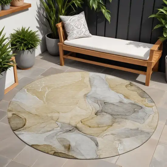 Brown Round Abstract Washable Non Skid Indoor Outdoor Area Rug Photo 1