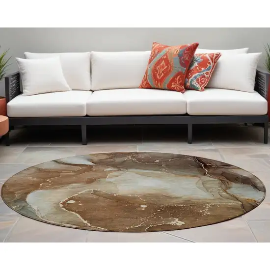 8' Round Brown Round Abstract Washable Non Skid Indoor Outdoor Area Rug Photo 1