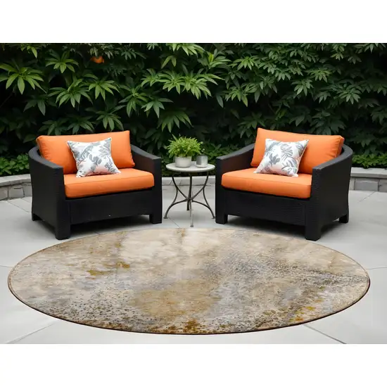 Brown Round Abstract Washable Non Skid Indoor Outdoor Area Rug Photo 1