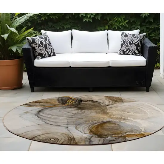 Brown Round Abstract Washable Non Skid Indoor Outdoor Area Rug Photo 1