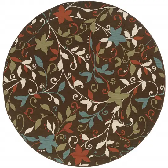 8' Round Brown Round Floral Stain Resistant Indoor Outdoor Area Rug Photo 2