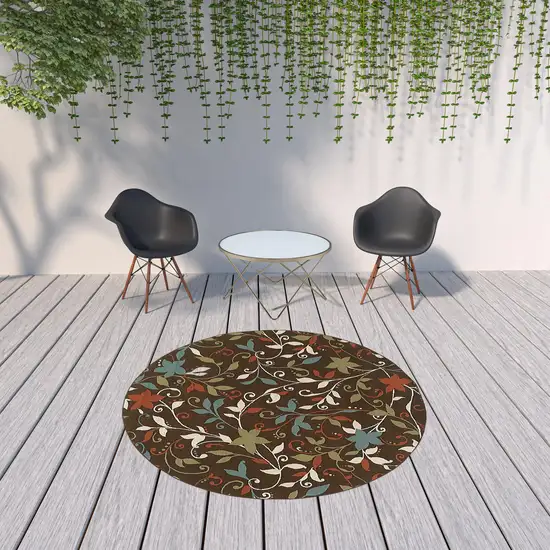 8' Round Brown Round Floral Stain Resistant Indoor Outdoor Area Rug Photo 3