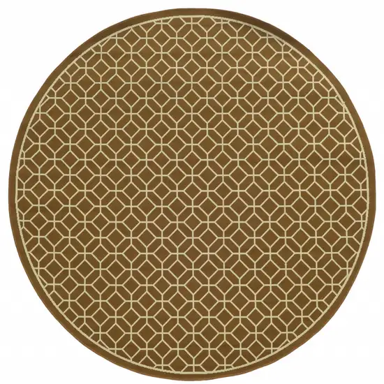 8' Round Brown Round Geometric Stain Resistant Indoor Outdoor Area Rug Photo 1