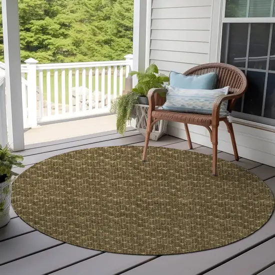 8' Round Brown Round Geometric Washable Non Skid Indoor Outdoor Area Rug Photo 9