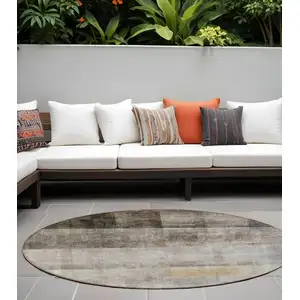 Photo of 8' Round Brown Round Ombre Washable Non Skid Indoor Outdoor Area Rug