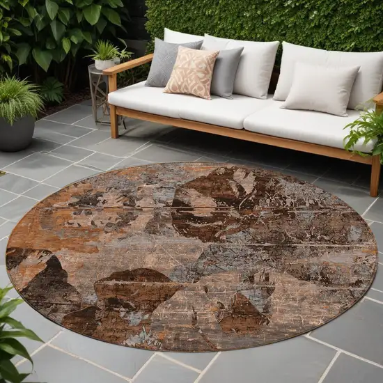 8' Round Brown Terracotta and Gray Round Floral Washable Non Skid Indoor Outdoor Area Rug Photo 1