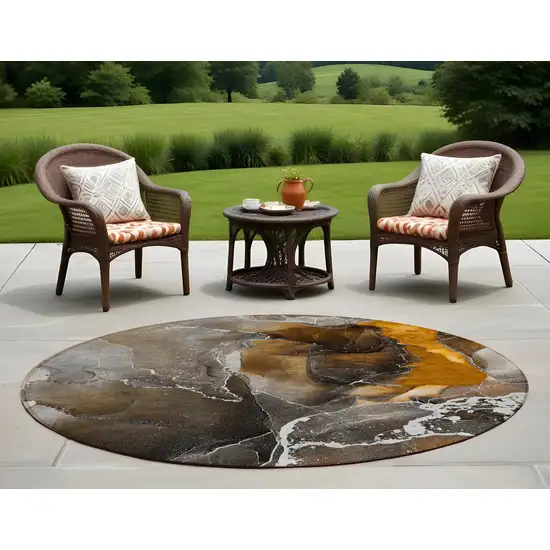 8' Round Brown and Gray Round Abstract Washable Non Skid Indoor Outdoor Area Rug Photo 1