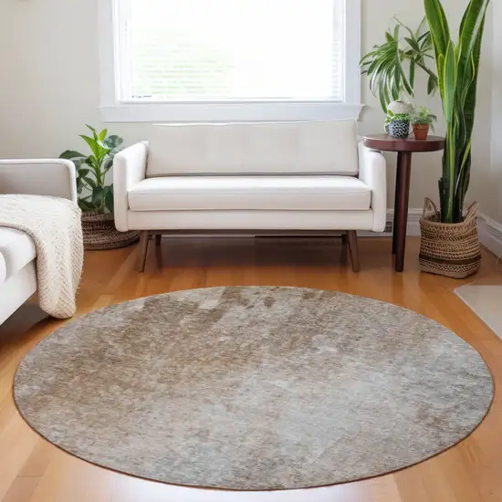 8' Round Brown and Off White Round Abstract Washable Non Skid Indoor Outdoor Area Rug Photo 9