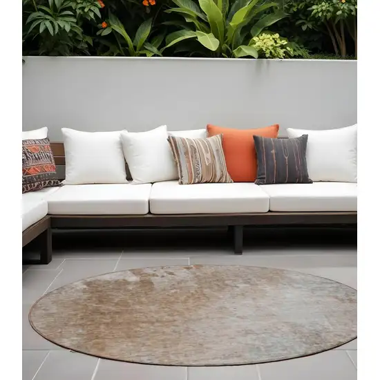 Brown and Off White Round Abstract Washable Non Skid Indoor Outdoor Area Rug Photo 1